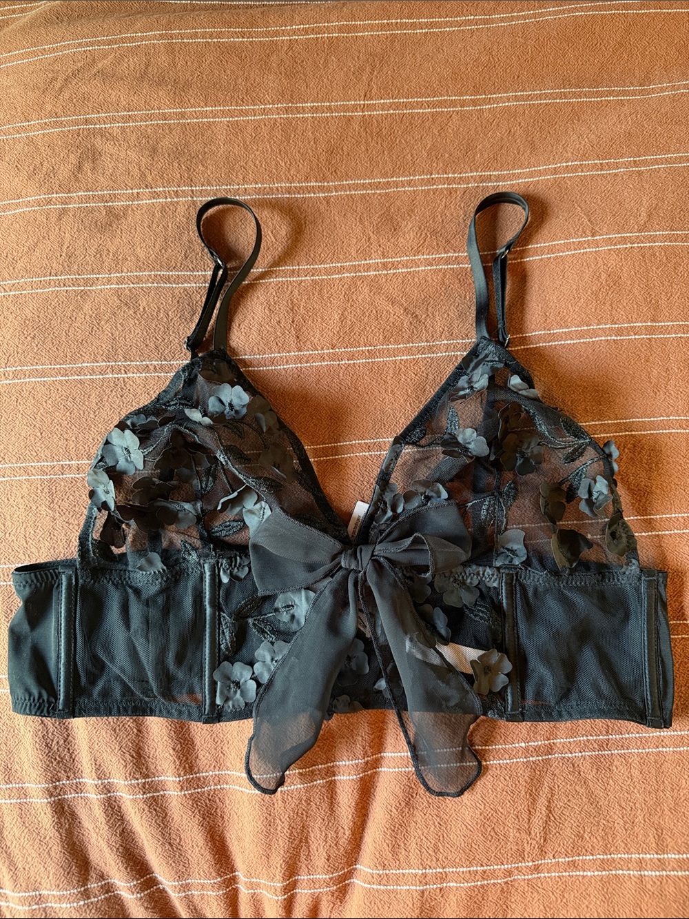 Victoria's Secret Black Floral Appliqué Sheer Bralette with Front Bow